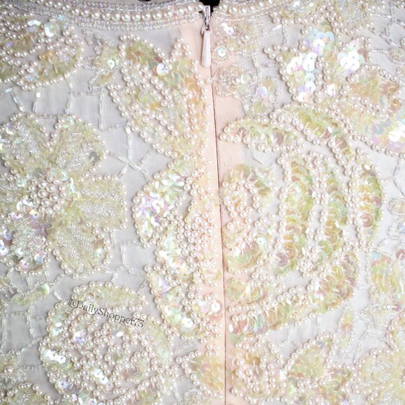 Handmade Women's Pastel Pink Sequin & Bead Satin Chiffon Handkerchief Hem Dress - Picture 6 of 10